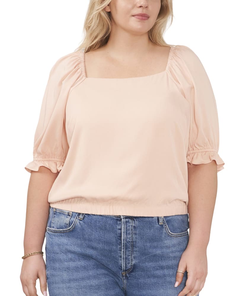 Front of a model wearing a size 0X Tayler Square Neck Top in SPANISH VILLA-673 by 1.State. | dia_product_style_image_id:262677